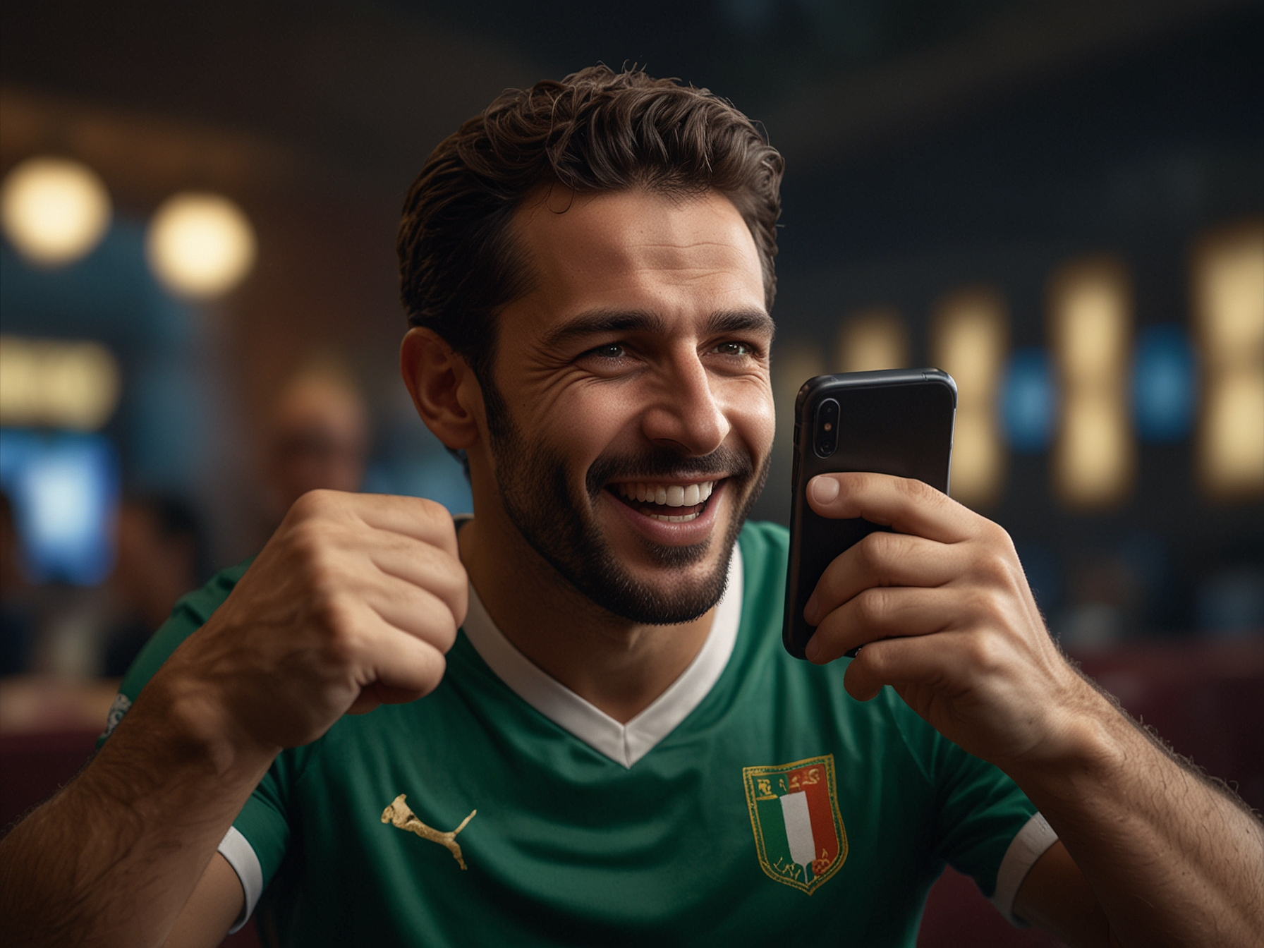 Giocatore vincente con smartphone che mostra BetFlag